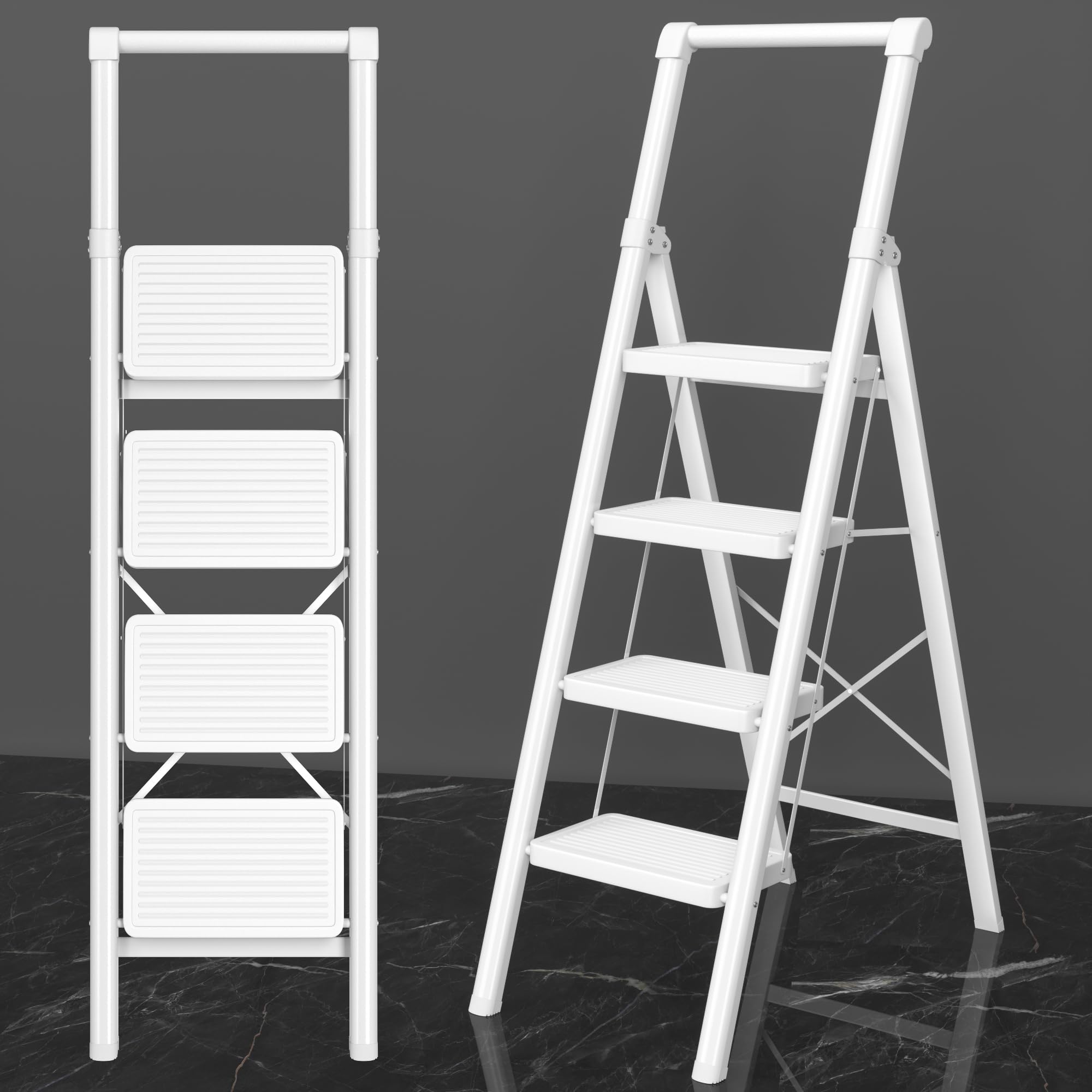 4 Step Ladder, DIAMONDFORGE Folding Step Stool with Wide Anti-Slip